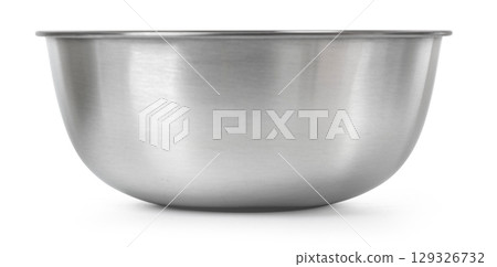 Shiny stainless steel mixing bowl on white surface Shiny stainless steel mixing bowl on white surface 129326732