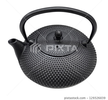 Traditional black cast iron tetsubin teapot on transparent background 129326839