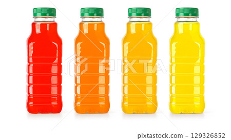 Colorful fruit juices or smoothies in plastic bottles with green caps Colorful fruit juices or smoothies in plastic bottles with green caps 129326852
