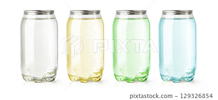 Colorful soda cans with clear liquid showing refreshing variety Colorful soda cans with clear liquid showing refreshing variety 129326854