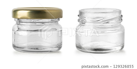 Empty glass jar with lid open on white background Empty glass jar with lid open on white background 129326855
