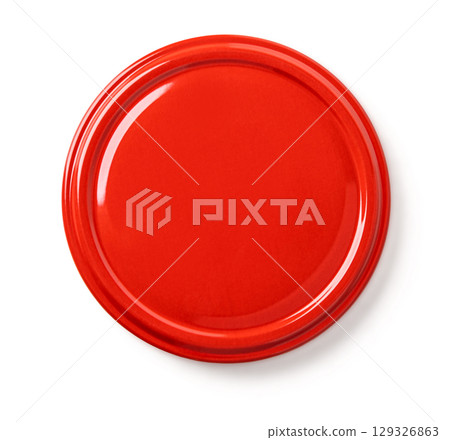 Shiny red metal lid isolated on white background for preserving food Shiny red metal lid isolated on white background for preserving food 129326863