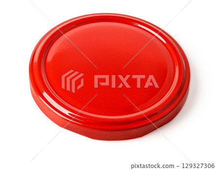 Shiny red metal lid isolated on white background for preserving food 129327306