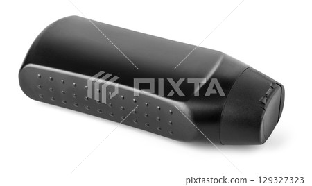 Black Plastic Bottle Lying on White Background 129327323