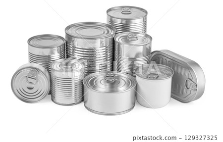 Group of tin cans preserving food for long shelf life 129327325