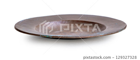 Old copper plate showing patina and corrosion on white background 129327328