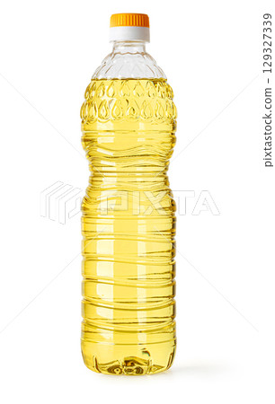 Plastic bottle of vegetable cooking oil on white background 129327339