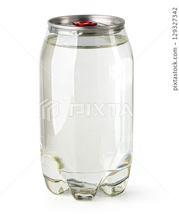 Transparent plastic bottle full of clear liquid on white background 129327342