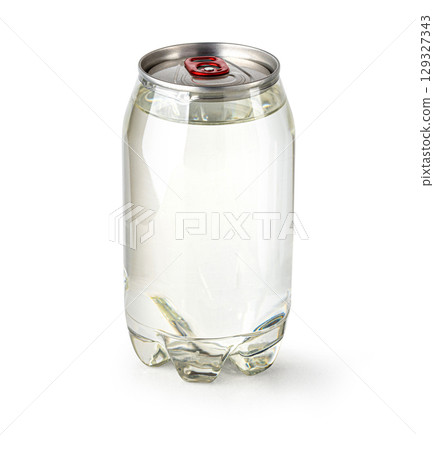 Transparent plastic can with clear liquid and red ring pull on white background 129327343