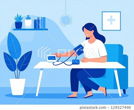 Woman monitoring blood pressure at home, healthcare . High quality photo 129327490