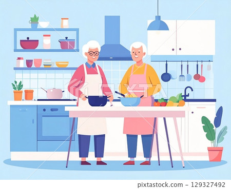Cheerful elderly couple preparing food together in a modern kitchen,. High quality photo 129327492