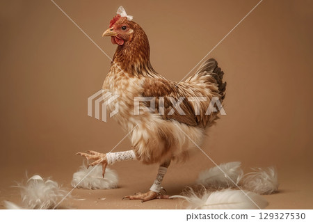 A surreal and humorous portrait of a chicken as an elegant ballerina. The hen poses delicately on one leg, adorned with lace, creating a charming and unexpected artistic statement. 129327530