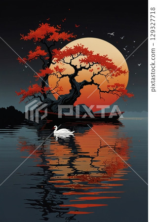 Minimalist Japanese Artwork with Red Boat and Autumn Maple Tree 129327718