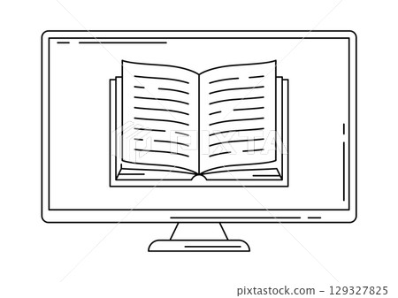 Monitor with open book. Digital library concept. 129327825