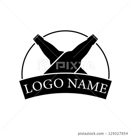 Beer bottle logo design. Two crossed beer bottles. Black and white silhouette. Isolated vector illustration on white background. 129327854