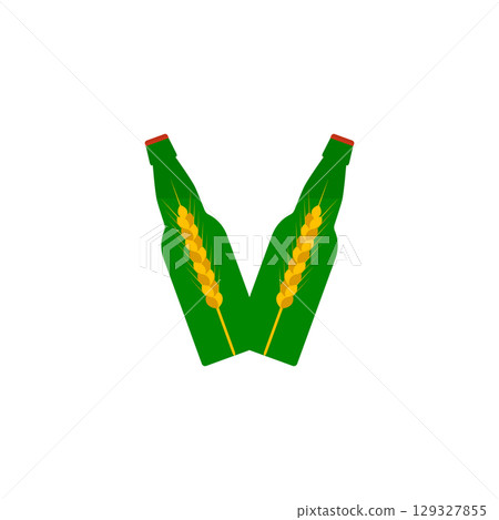 Beer bottles and wheat ears. Isolated vector illustration on white background. 129327855