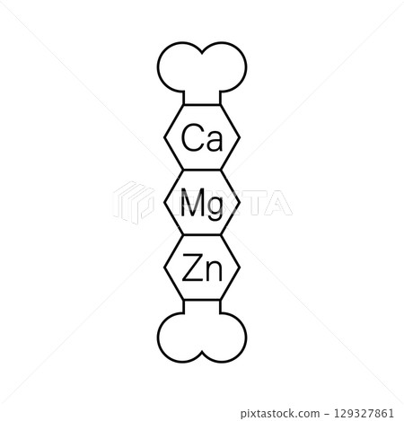 Calcium, magnesium and zinc vitamins for bones. Ca, Mg, Zn set. Vector clipart and drawing. Isolated illustration on white background. Calcium, magnesium and zinc vitamins for bones. Ca, Mg, Zn set. Vector clipart and drawing. Isolated illustration on white background. 129327861
