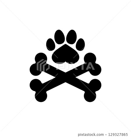 Two dog crossbones and paw print. Crossed bones icon and logo design. Silhouette. Isolated vector illustration on white background. Two dog crossbones and paw print. Crossed bones icon and logo design. Silhouette. Isolated vector illustration on white background. 129327865