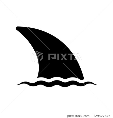 Black fish fin icon with water wave. Shark or dolphin fin. Isolated vector illustration on white background. 129327876