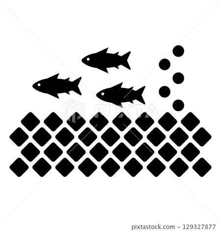 Underwater landscape with stone ground and soil, fish school, bubbles. Vector logo and icon. Illustration with silhouettes on white background. 129327877