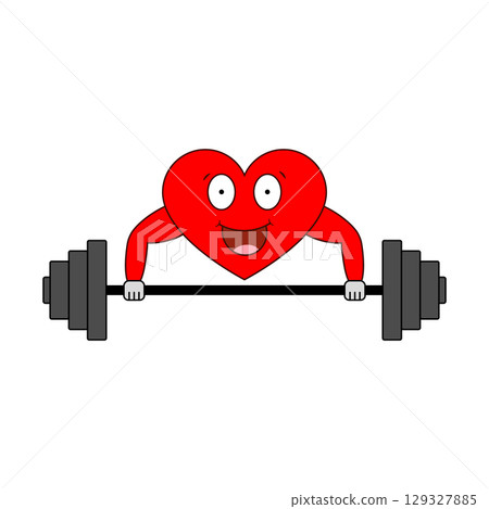 Strong heart with a barbell. Vector cartoon heart character doing weight training. 129327885