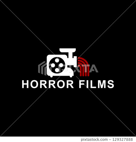 Horror films logo with electric meat grinder illustration and red mince. Vector drawing on black background. Horror films logo with electric meat grinder illustration and red mince. Vector drawing on black background. 129327888