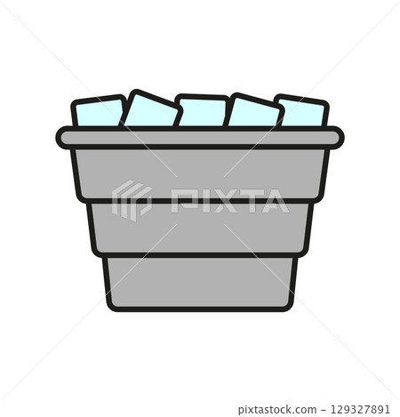 Metal bucket with ice cubes. Colored vector icon. Outline and linear style. Isolated on white background. 129327891