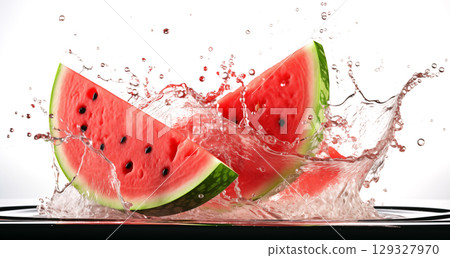 slice of fresh watermelon with water splash on white background slice of fresh watermelon with water splash on white background 129327970