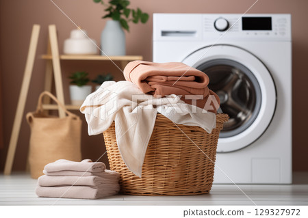 A laundry basket with a pile of folded towels next to a washing machine. Washing machine and basket in a laundry room A laundry basket with a pile of folded towels next to a washing machine. Washing machine and basket in a laundry room 129327972