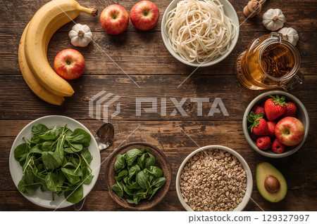 Top-down view of fresh, healthy ingredients creating a food frame on a dark wood table. This flat lay offers ample copy space for text, ideal for culinary and health topics. 129327997