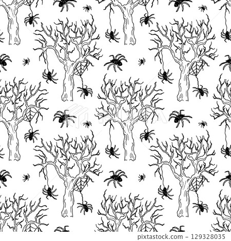 Seamless drawing of an ominous forest with spiders. Insect phobia. Monochrome print for Halloween celebrations. Doodle-style outline drawings. Pattern for packaging, clothing, and book covers. 129328035