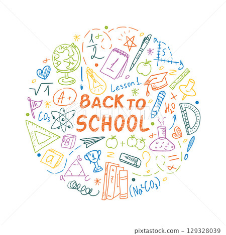 Back to School ornament in the form of a circle with hand-drawn school drawings. Template for the concept of education with school supplies. Round design for posters, labels, and stickers. Back to School ornament in the form of a circle with hand-drawn school drawings. Template for the concept of education with school supplies. Round design for posters, labels, and stickers. 129328039