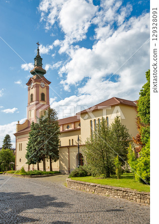 Historic Jesus Heart Church with clock tower in Nagykanizsa, Hungary. 129328091