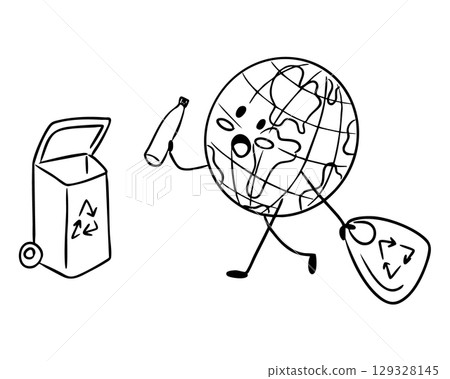 Hand drawn cartoon Earth holding recycling bag and bottle near recycle bin 129328145