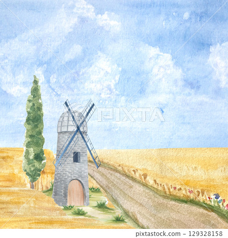 Landscape with stone windmill by a rural dirt road, by golden fields, green trees, and tall cypress. Charming watercolor ideal for greeting cards, wall art, book illustrations, and seasonal stationery 129328158