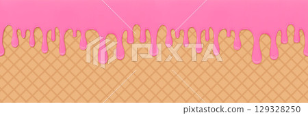 Pink Melting Drips Over Waffle Background in Abstract Dessert Design 129328250