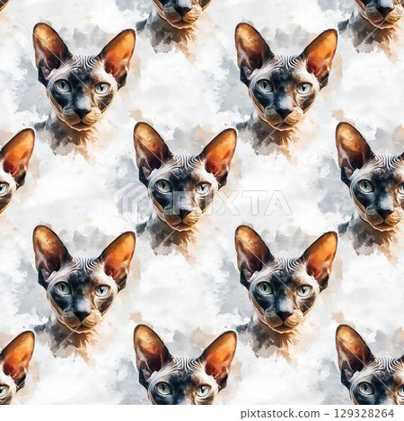 Cute Sphynx Cat Face Watercolor Seamless Pattern in Pastel Neutral Tones on White Background Soft Texture and Hand Painted Look Cute Sphynx Cat Face Watercolor Seamless Pattern in Pastel Neutral Tones on White Background Soft Texture and Hand Painted Look 129328264