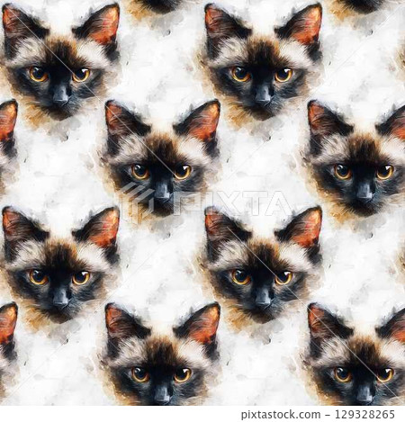 Cute Siamese Cat Face Seamless Watercolor Pattern in Soft Pastel Tones on White Background Hand Painted High Contrast Design Cute Siamese Cat Face Seamless Watercolor Pattern in Soft Pastel Tones on White Background Hand Painted High Contrast Design 129328265