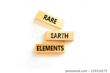 Rare earth elements symbol. Concept words Rare earth elements on beautiful wooden block. Beautiful white table white background. Business and rare earth elements concept. Copy space. 129328275