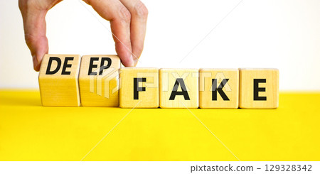 Deepfake or fake symbol. Concept words Fake Deepfake on wooden cubes. Beautiful yellow table white background. Businessman hand. Business and deepfake or fake concept. Copy space. 129328342