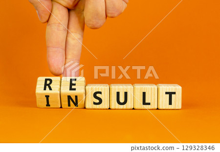 Result or insult symbol. Concept words Result Insult on wooden cubes. Beautiful orange table orange background. Businessman hand. Business and result or insult concept. Copy space. 129328346