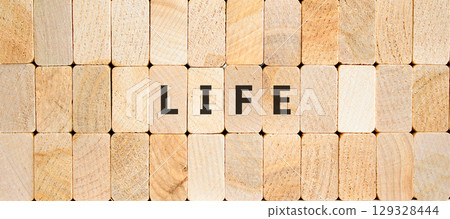 Life symbol. Concept word Life on beautiful wooden blocks. Beautiful wooden blocks background. Business, lifestyle, support and life concept. Copy space. Life symbol. Concept word Life on beautiful wooden blocks. Beautiful wooden blocks background. Business, lifestyle, support and life concept. Copy space. 129328444