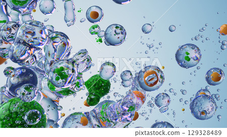 Abstract 3D Illustration of Bubbles With Colorful Elements Suspended in Transparent Liquid 129328489