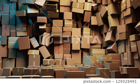 Chaotic Stacking of Cardboard Boxes: A Textured Wall of Packaging 129328491