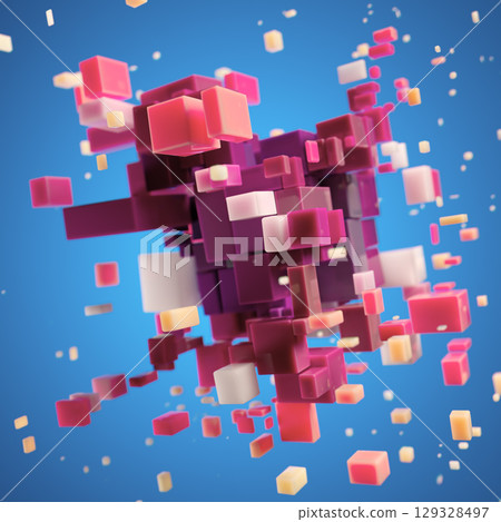Dynamic Chaos: Colorful Cubes in Motion Against a Blue Backdrop 129328497