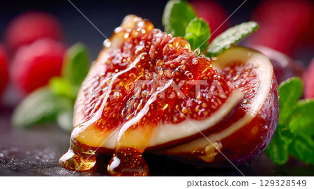 Fresh figs sliced and drizzled with golden honey and garnished with pomegranate seeds; tempting and luxurious close-up 129328549