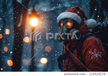 Individual in Santa attire with a gas mask stands in snowy forest with glowing lamp. Concept of surrealism and contrast. For unusual Christmas themes. 129328579