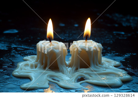 Two melted candles with flames burn brightly on a dark surface. Concept of warmth and tranquility. For relaxation or meditation themes. 129328614