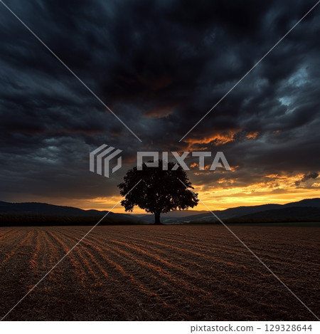 Lonely tree stands in a field under dramatic stormy clouds and a vibrant sunset. Concept of solitude and nature's beauty. For desktop wallpaper. 129328644