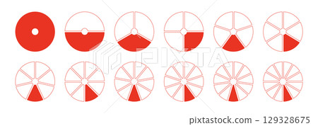 Circles divided diagrams 1, 2, 3, 10, 7, 8, 9, 10, 11, 12 equal parts. Red segments wheel round divide infographic. Graph pie, pizza shape section charts simple icons. Coaching blank template. Circles divided diagrams 1, 2, 3, 10, 7, 8, 9, 10, 11, 12 equal parts. Red segments wheel round divide infographic. Graph pie, pizza shape section charts simple icons. Coaching blank template. 129328675